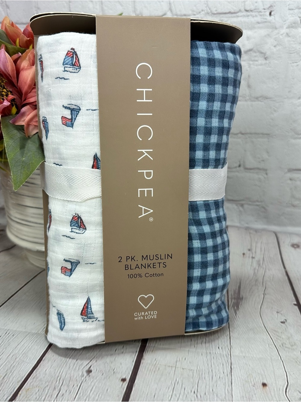 NWT chick pea Gingham nautical Sailboat 2pk Muslin swaddle baby Blanket coastal